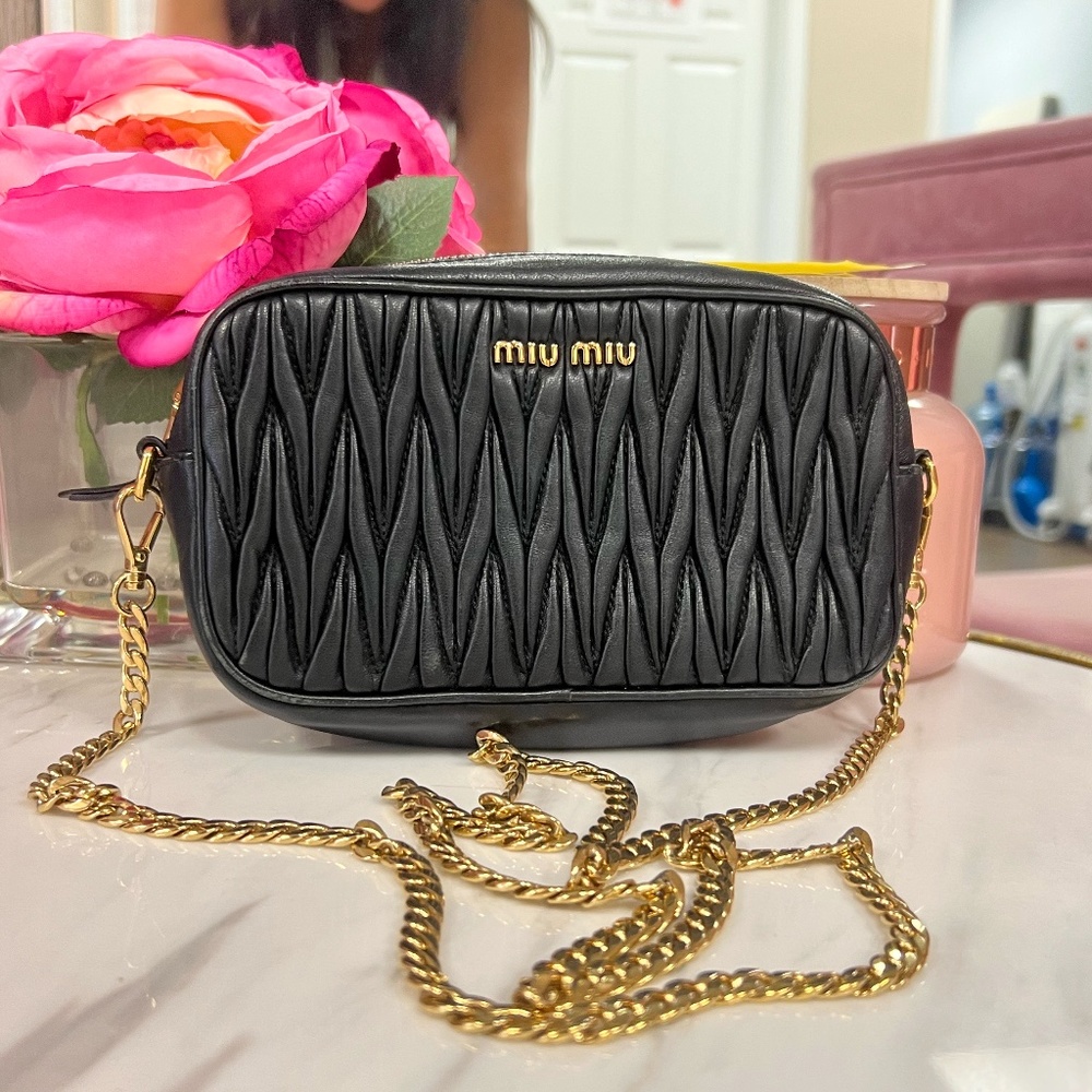 Miu Miu Black Leather Matelassé Bandoleer Bag
